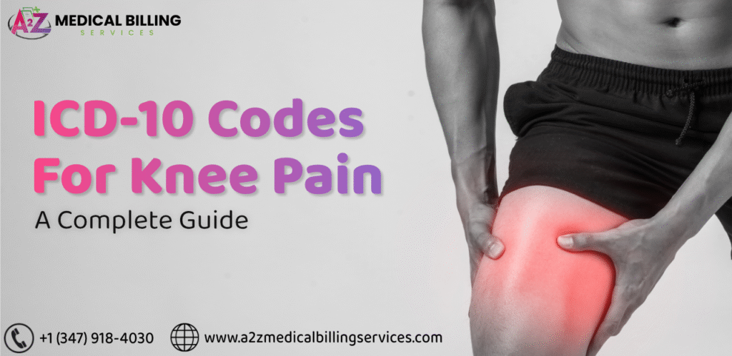 Man holding knee with highlighted pain area – ICD-10 codes for knee pain medical billing guide