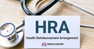 A stethoscope beside a card labeled “HRA Health Reimbursement Arrangement” representing employer-funded medical benefits.