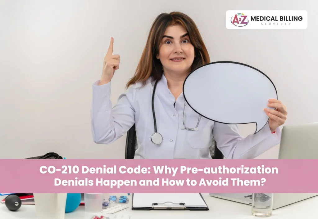 Smiling clinician in a white coat at a desk pointing upward and holding a blank speech bubble
