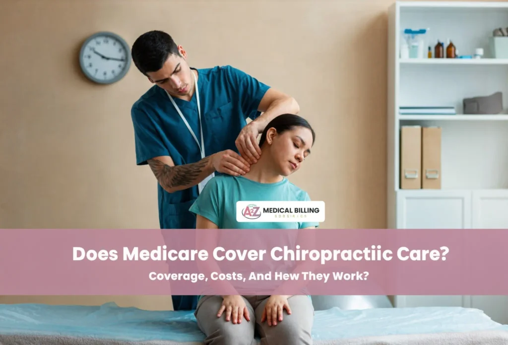 Chiropractor performing manual cervical spine manipulation on a seated patient in a clinical exam room
