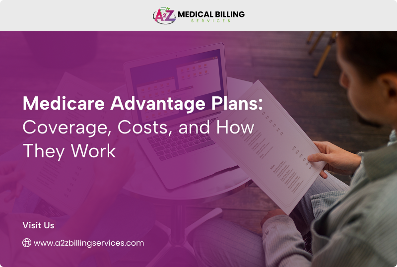 Individual reviewing healthcare plan documents while learning about Medicare Advantage plans, coverage options, provider networks, prescription drug benefits, and healthcare costs.